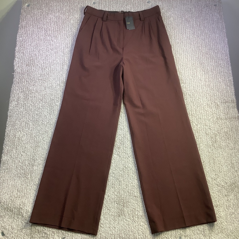Maje Pordeau Wide Leg Wool Blend Pleated Trousers Bordeaux Womens Size 38 NWT